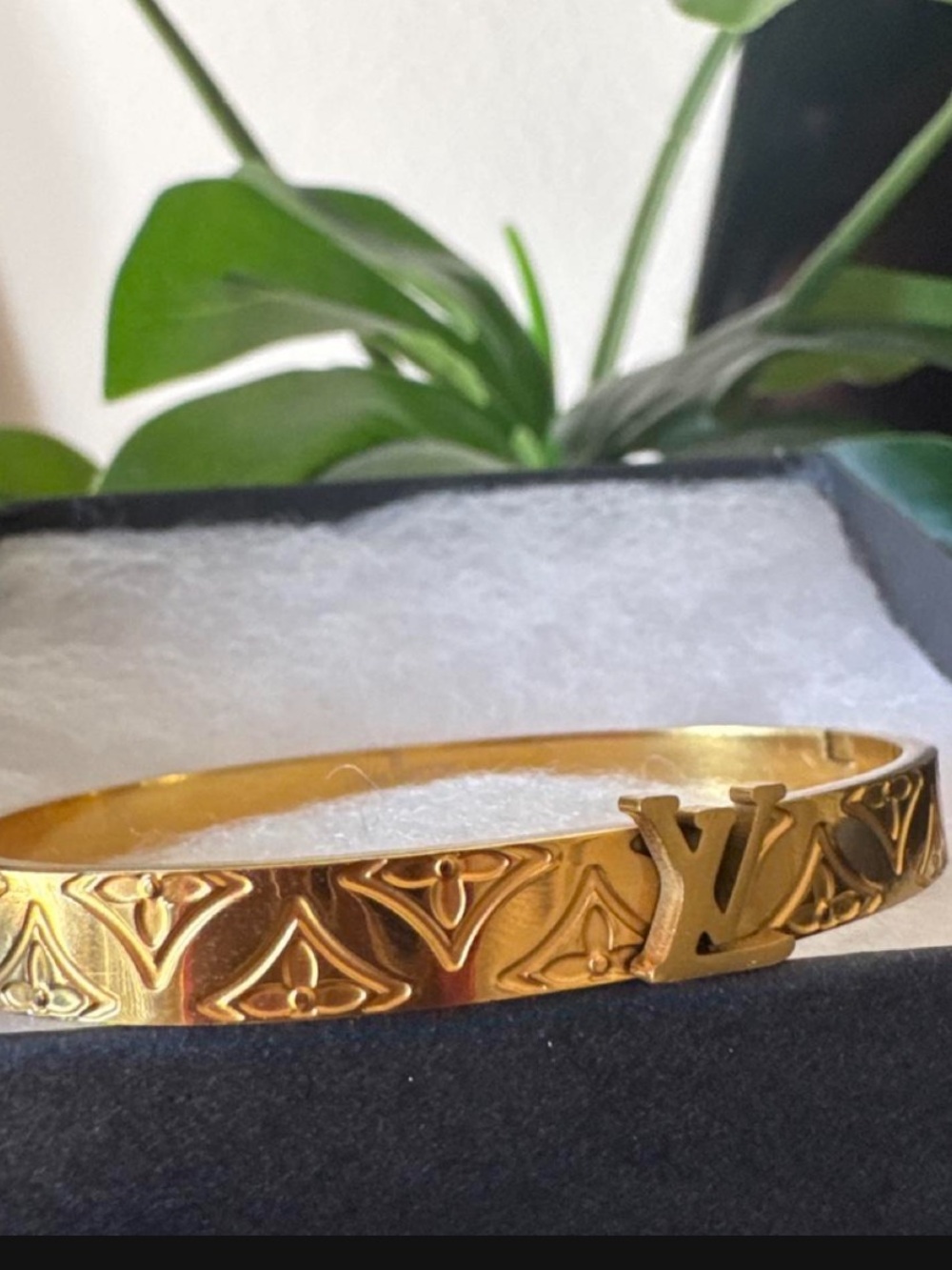 Louis Vuitton Gold Monogram Engraved LV Bangle Bracelet